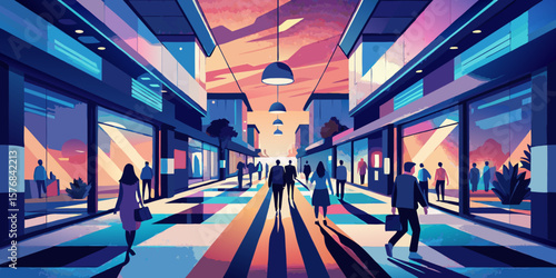 Vibrant Cityscape Illustration of People Walking on a Commercial Street at Sunset with Modern Architecture and Warm Lighting