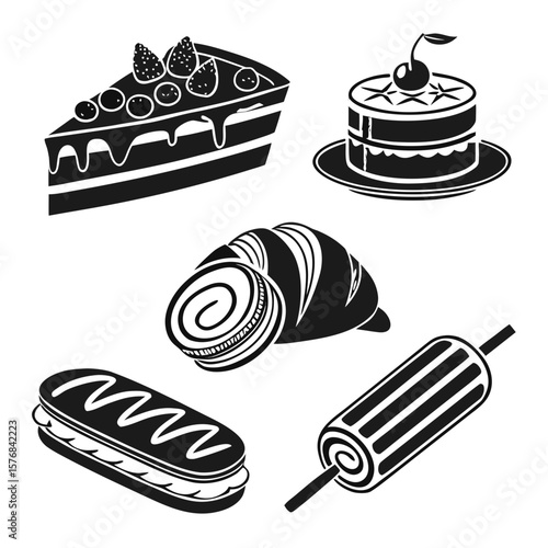 Dessert icons cake slice croissant eclair rolling pin cherry cake vector