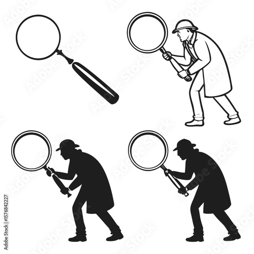 Detective figures and magnifying glass styles search investigation