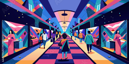 Vibrant Underground Subway Station with Commuters and Colorful Geometric Art Public Transportation and Modern Urban Lifestyle Illustration