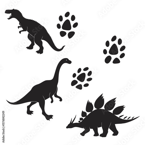 Dinosaur silhouettes and footprints on white background tyrannosaurus rex stegosaurus
