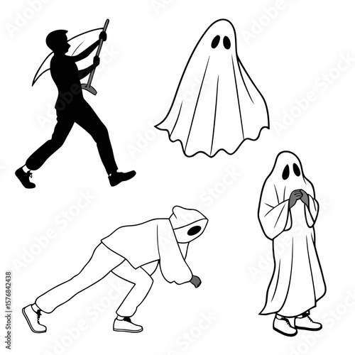 Diverse ghost figures and person with flag specter apparition