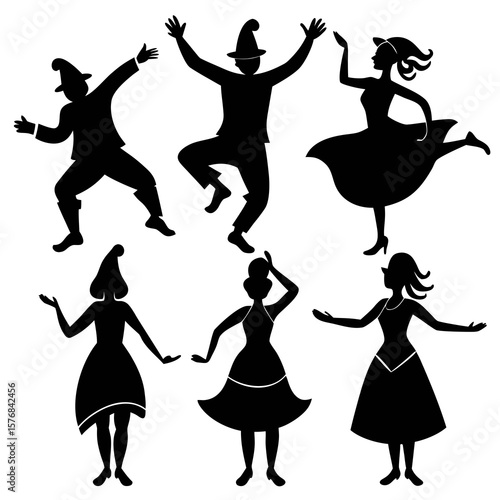 Diverse group of people performing traditional folk dances silhouettes dancing
