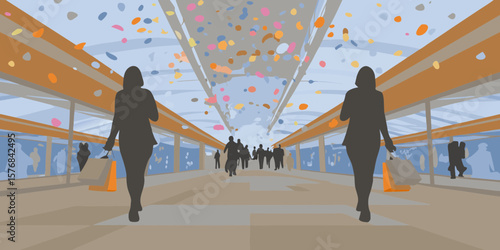 Stylized Illustration of Shoppers in a Modern Mall with Confetti Decorations and Storefronts in a Flat Vector Style