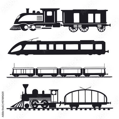 Diverse train silhouettes on white background engine wagon