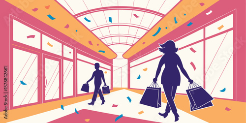Shopping spree at the mall with confetti falling and silhouettes of people carrying shopping bags in a modern design
