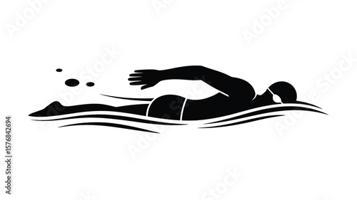 Silhouette of a swimmer performing freestyle stroke in stylized water waves
