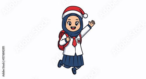Cartoon illustration of a Muslim schoolgirl in a Santa hat, jumping with joy, carrying a backpack.