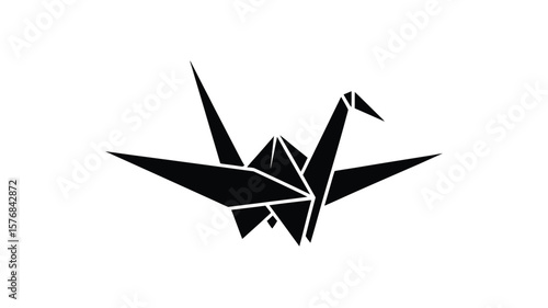 Minimalist black origami crane silhouette against a clean white background