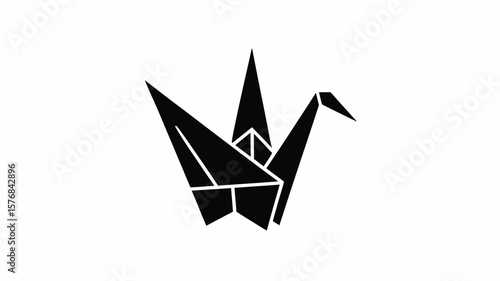 Minimalist black origami paper crane silhouette against a white background