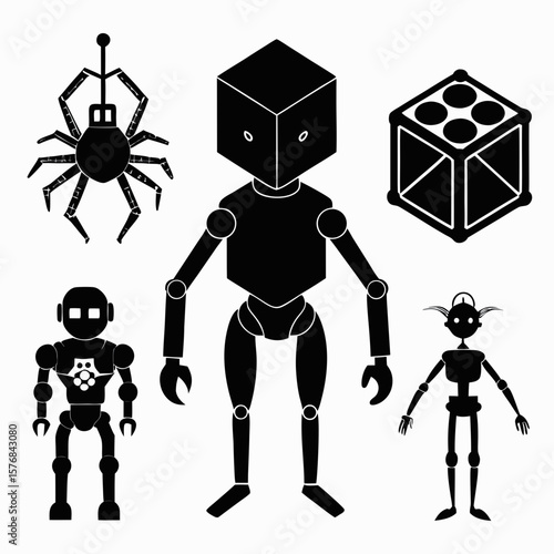 Five distinct robot silhouettes including spider and cube designs android cyborg