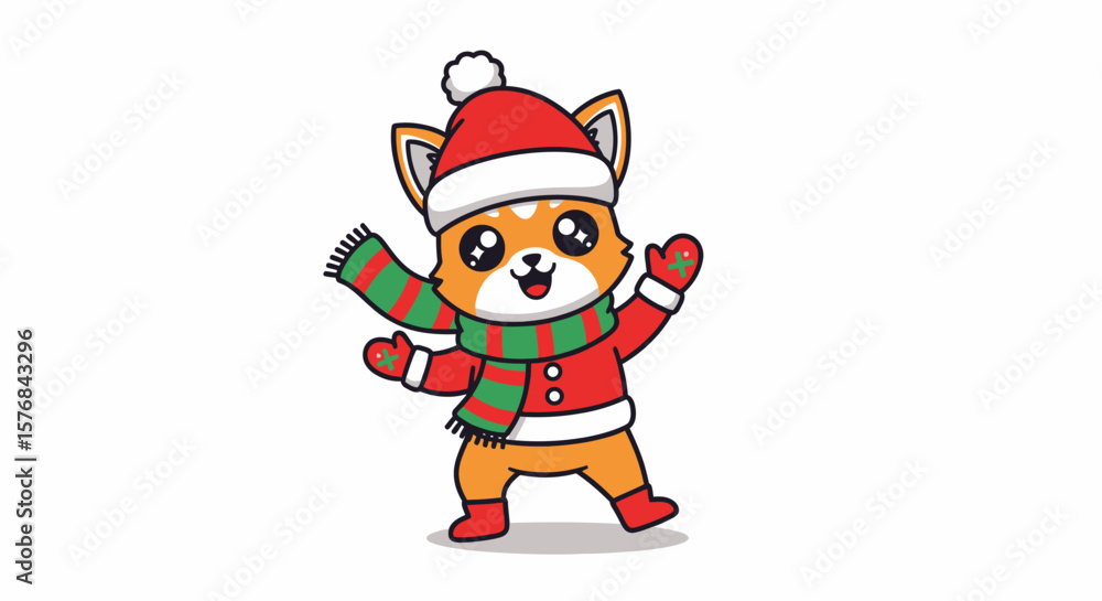 Cheerful cartoon fox celebrates Christmas in festive attire. Cheerful cartoon fox celebrates Christmas in festive attire.