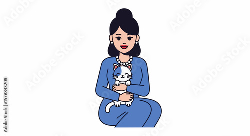 A woman in a blue dress cradles a small cat, a simple illustration.