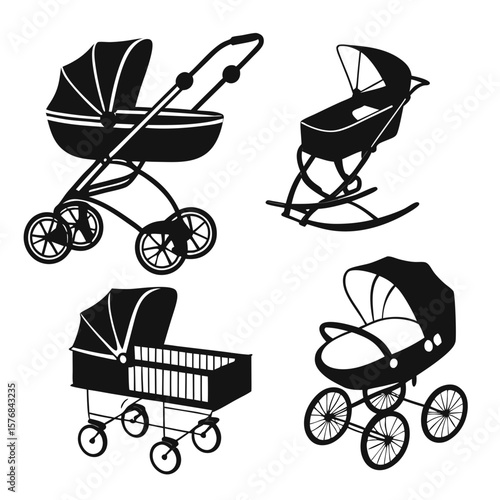 Four baby transport and sleeping equipment silhouettes baby stroller cradle
