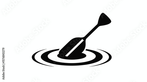 Black and white silhouette of a canoe paddle dipping into rippling water