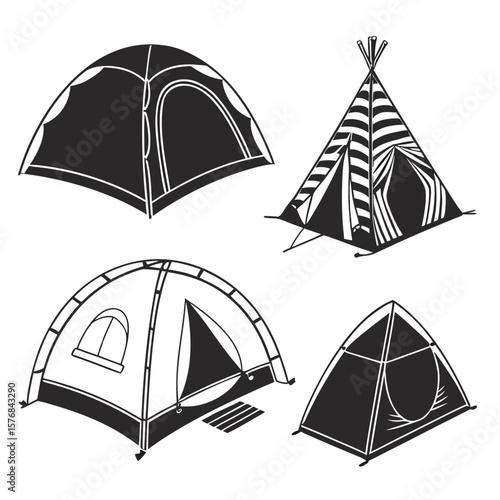 Four black and white tent silhouettes camping dome tent