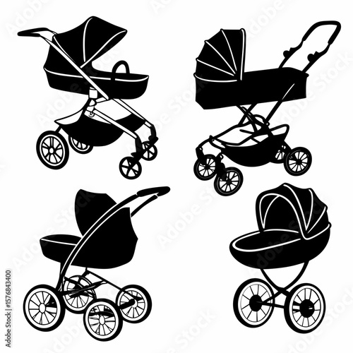 Four black baby strollers and cradles on white baby carriage pram