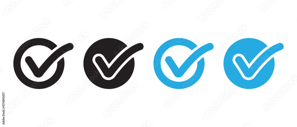 Vector Checkmark Icons in Black and Blue – Filled and Outlined Circle Variants for UI Design.