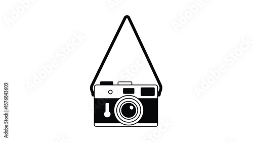 Simple black and white illustration of a vintage camera with a strap