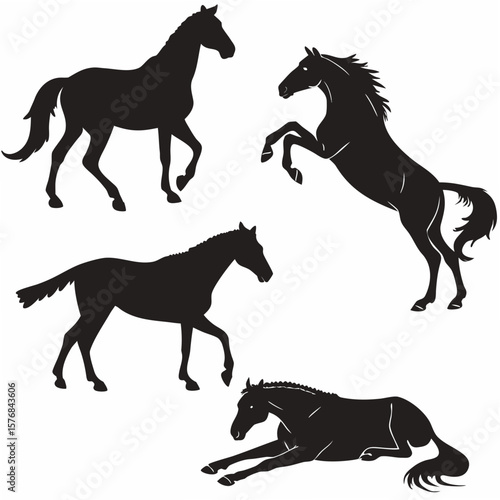 Four black horse silhouettes in various poses galloping standing