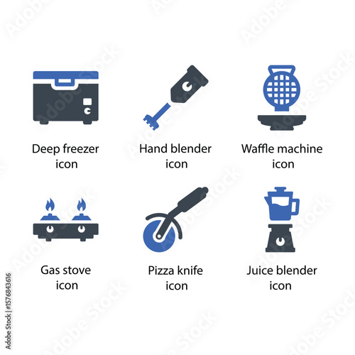Deep freezer, Hand blender, Waffle machine, Gas stove, Pizza knife, Juice blender, icon