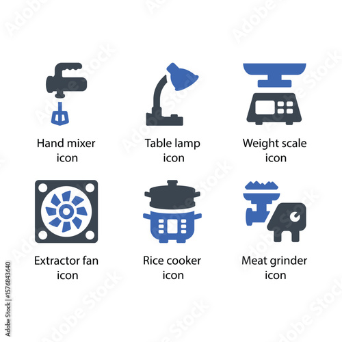 Hand mixer, Table lamp, Weight scale, Extractor fan, Rice cooker, Meat grinder, icon