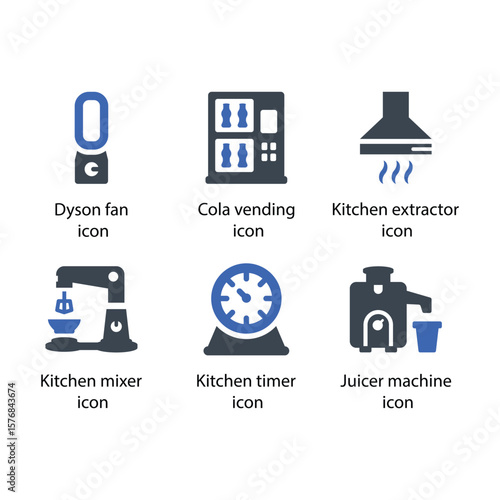 Dyson fan, Cola vending, Kitchen extractor, Kitchen mixer, Kitchen timer, Juicer machine, icon