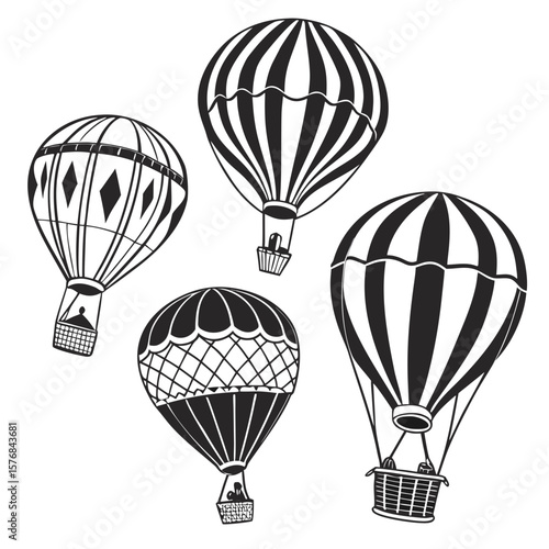 Four black hot air balloon illustrations with baskets black and white travel