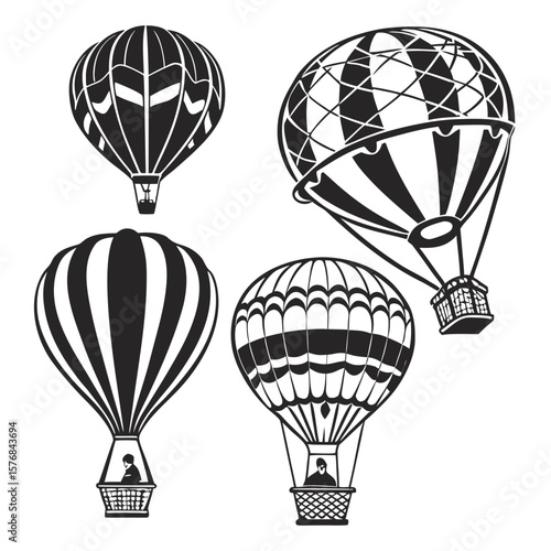 Four black hot air balloon silhouettes with different patterns black and white travel