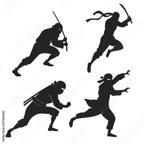 Four black ninja silhouettes in action poses white