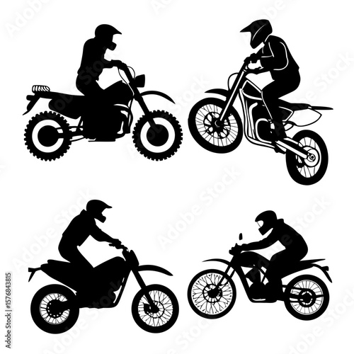 Four black motorcycle silhouettes with riders white