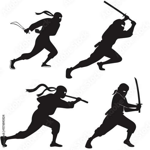 Four black ninja silhouettes in dynamic action poses white