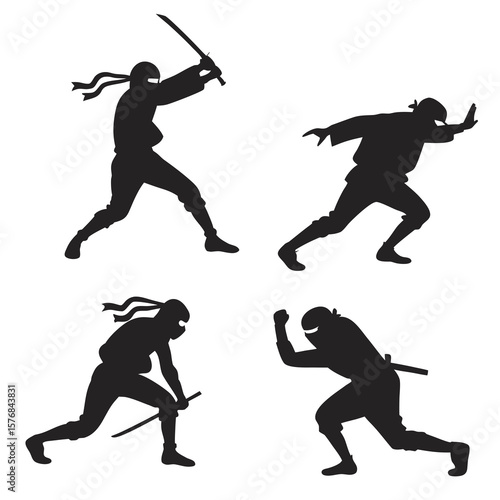 Four black ninja silhouettes in dynamic action poses white martial arts
