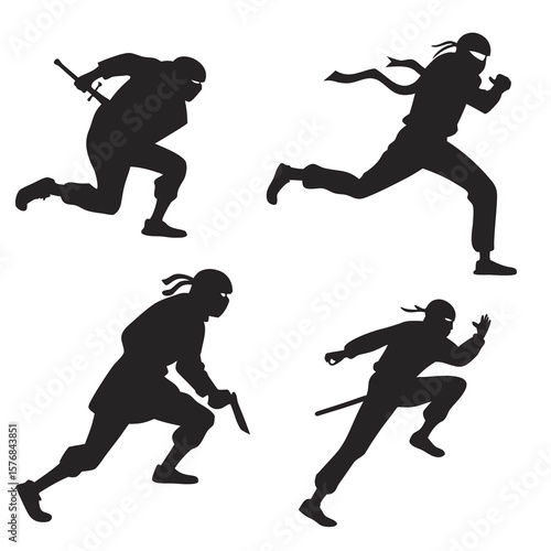 Four black ninja silhouettes in dynamic action poses white