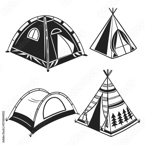 Four black tent silhouettes dome teepee camping shelter dome tent