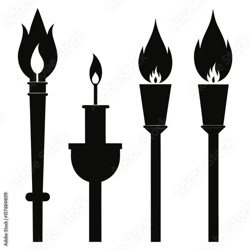 Four black torch and candle silhouettes with flames fire