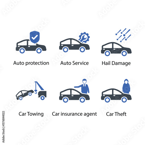 Auto protection, Auto Service, Hail Damage, Car Towing, Car insurance agent, Car Theft, icon