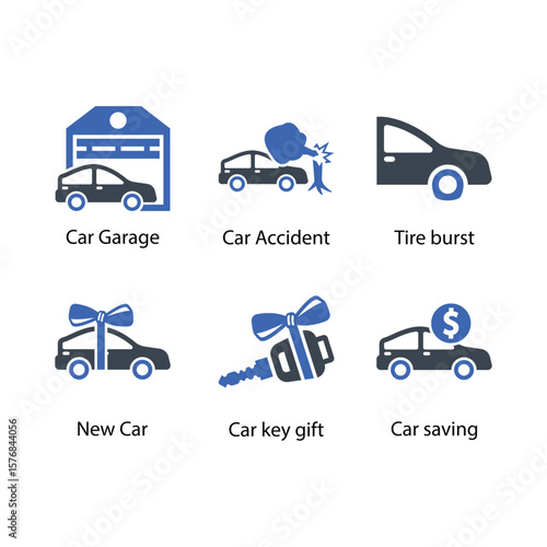 Car Garage, Car Accident, Tire burst, New Car, Car key gift, Car saving, icon