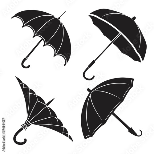 Four black umbrella silhouettes open and folded open umbrella folded umbrella