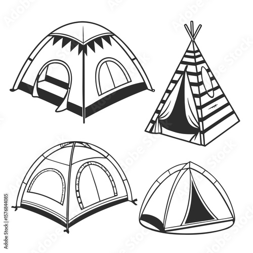Four camping shelter outlines dome teepee pyramid tent dome tent