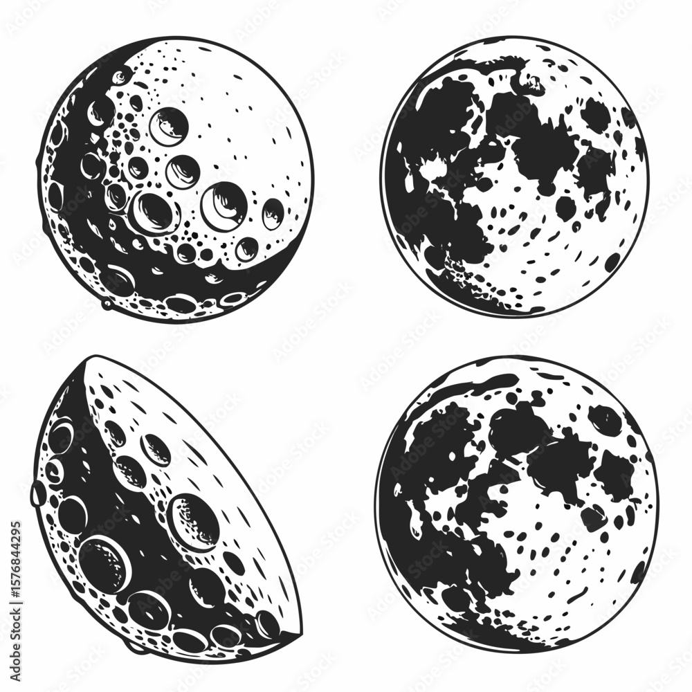 Naklejka premium Four lunar surface crater silhouettes black and white moon craters