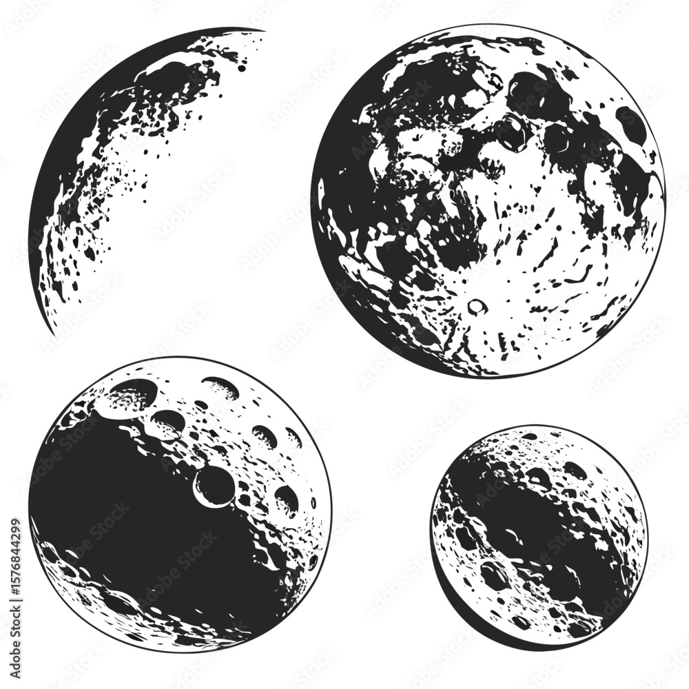 Obraz premium Four lunar surface crater silhouettes black and white moon craters