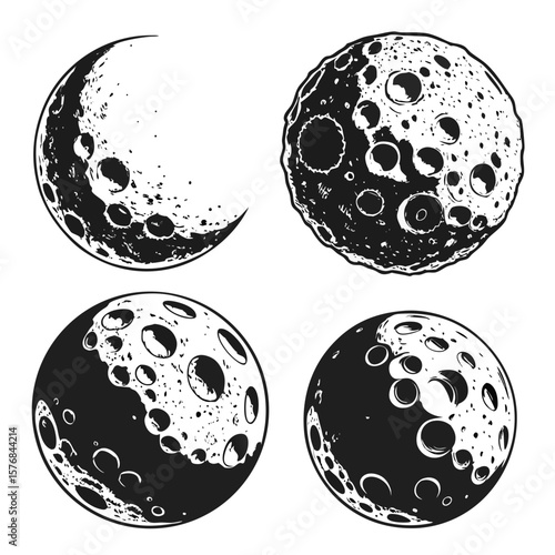 Four celestial bodies with craters and textures moon space