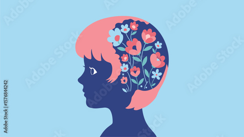 Blooming Mind: Child's Head Silhouette with Floral Brain Illustration