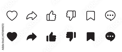 Outlined and Filled Social Media Action Icons for Likes, Shares, Comments, and Saves.