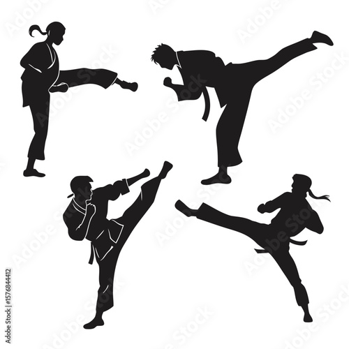 Four martial artists performing high kicks in silhouette martial arts karate
