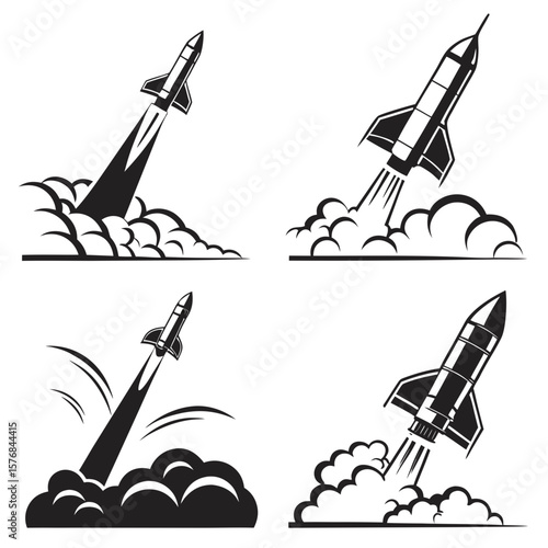 Four rocket boosters launch with smoke plumes vector