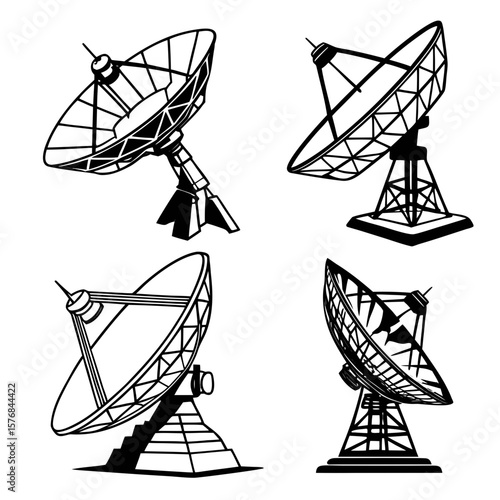 Four satellite dish icons black silhouette antenna communication