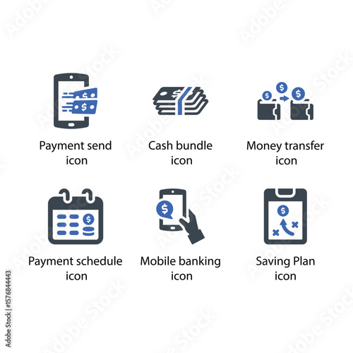 Payment send, Cash bundle, Money transfer, Payment schedule, Mobile banking, Saving Plan, icon