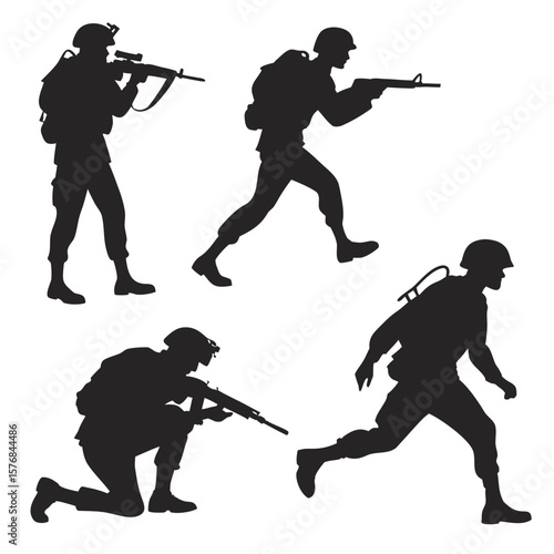 Four soldiers in action silhouettes military army